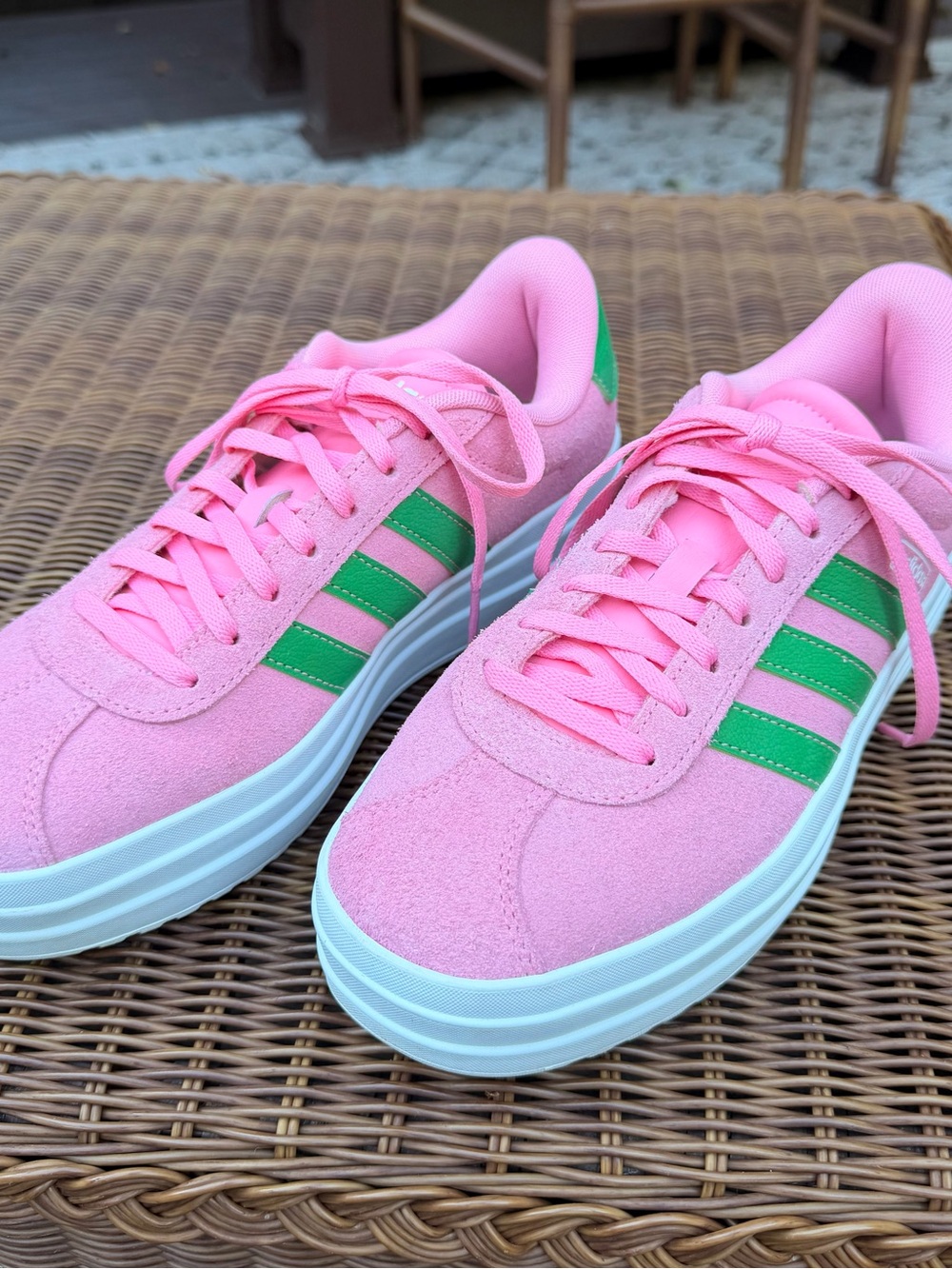 adidas Pink Suede Platform Sneakers with Green Stripes